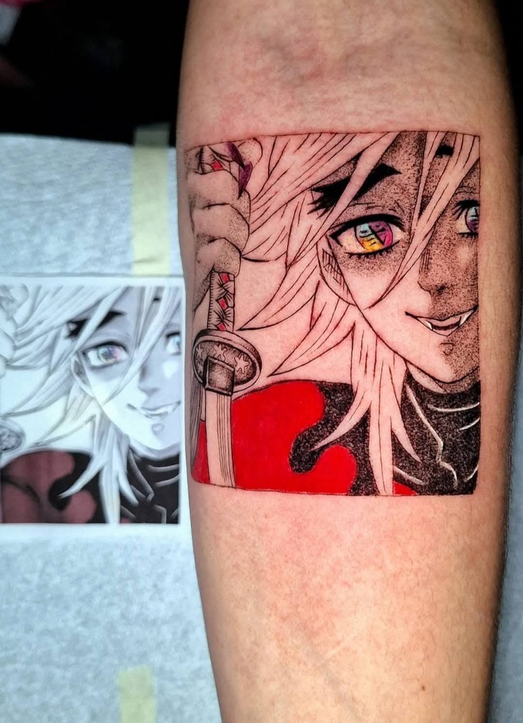 Blackwork tattoo of a kneeling swordsman, breath-style effect
