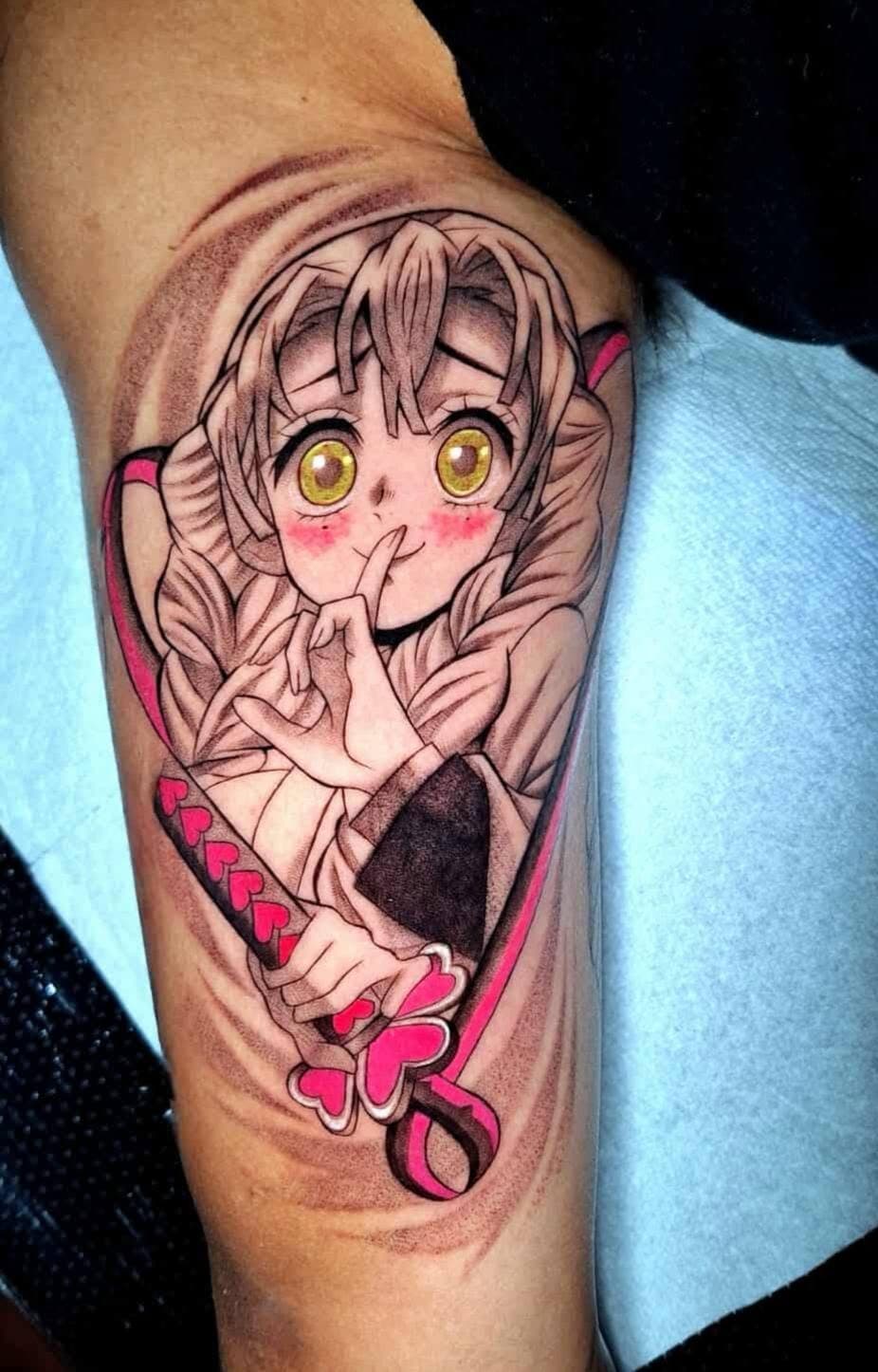 Anime-style tattoo of two figures facing off, bold contour line