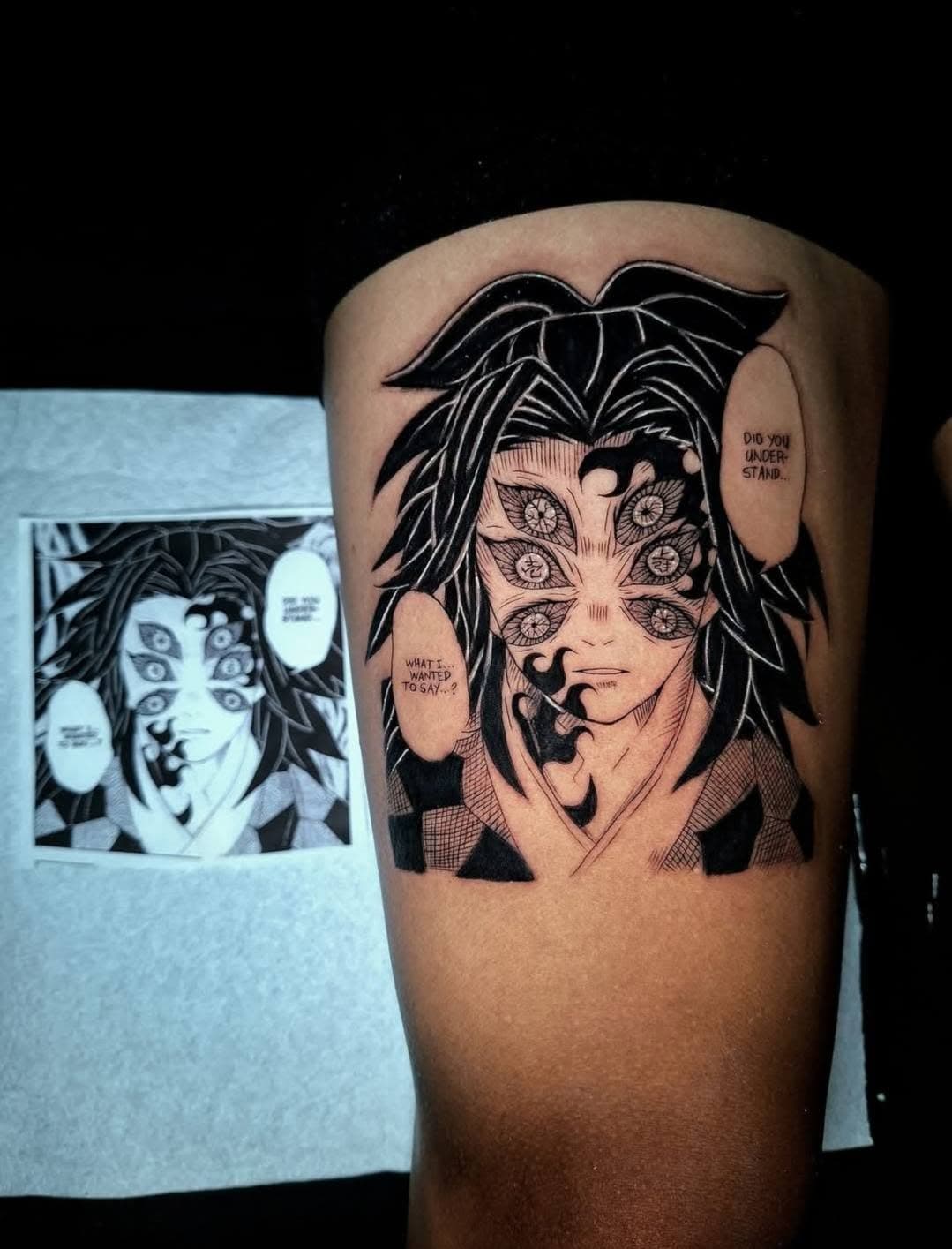 Fine-line tattoo of a figure in repose, blade at rest