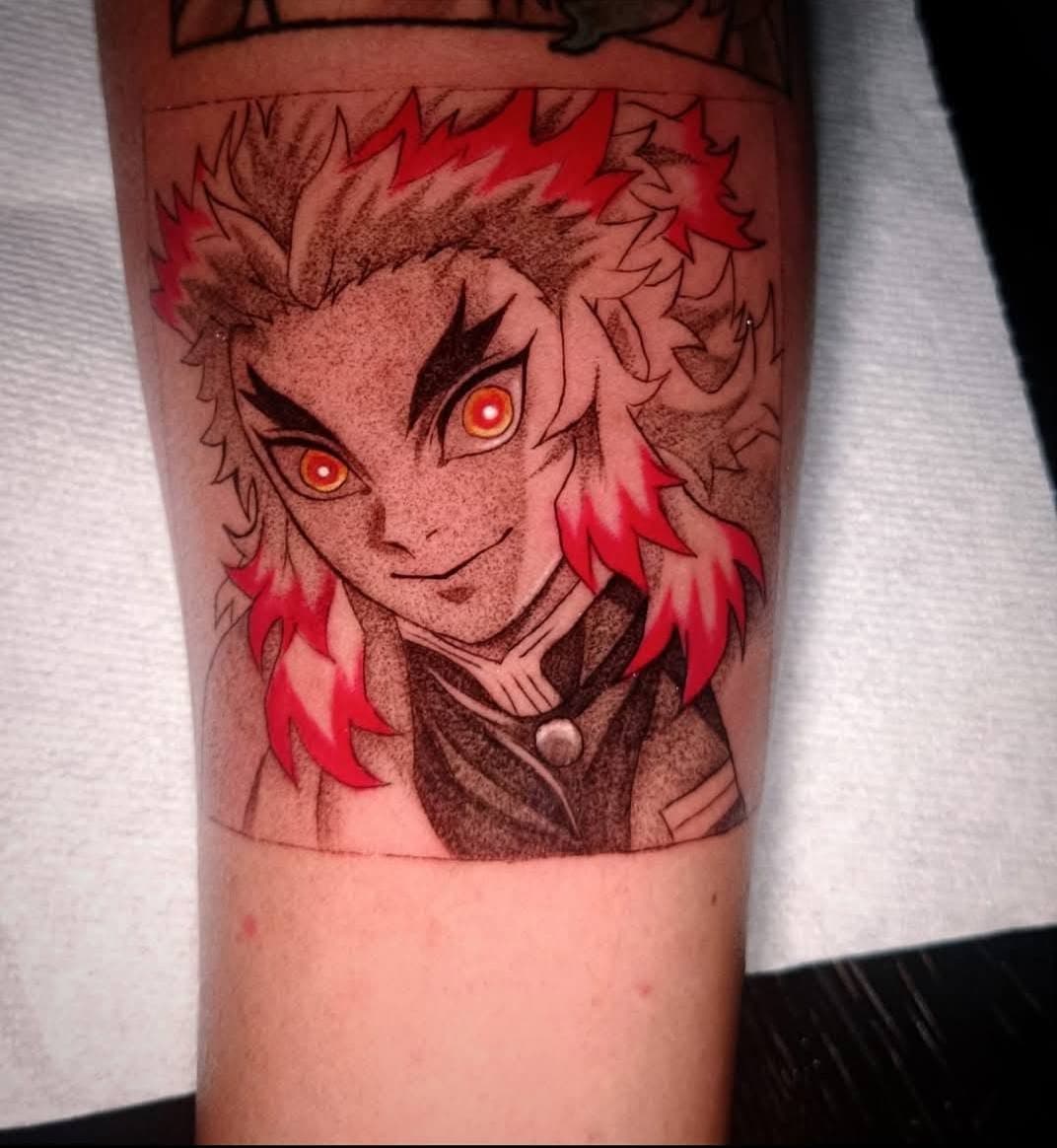 Tattoo of a masked figure, patterned garment, clean linework