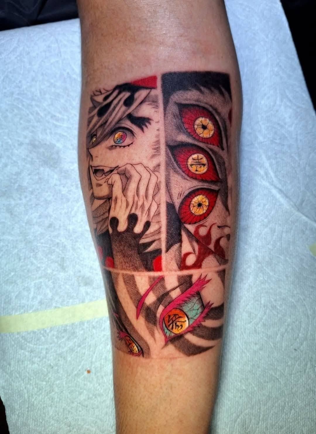 Fine-line tattoo of intertwined figures, dynamic composition