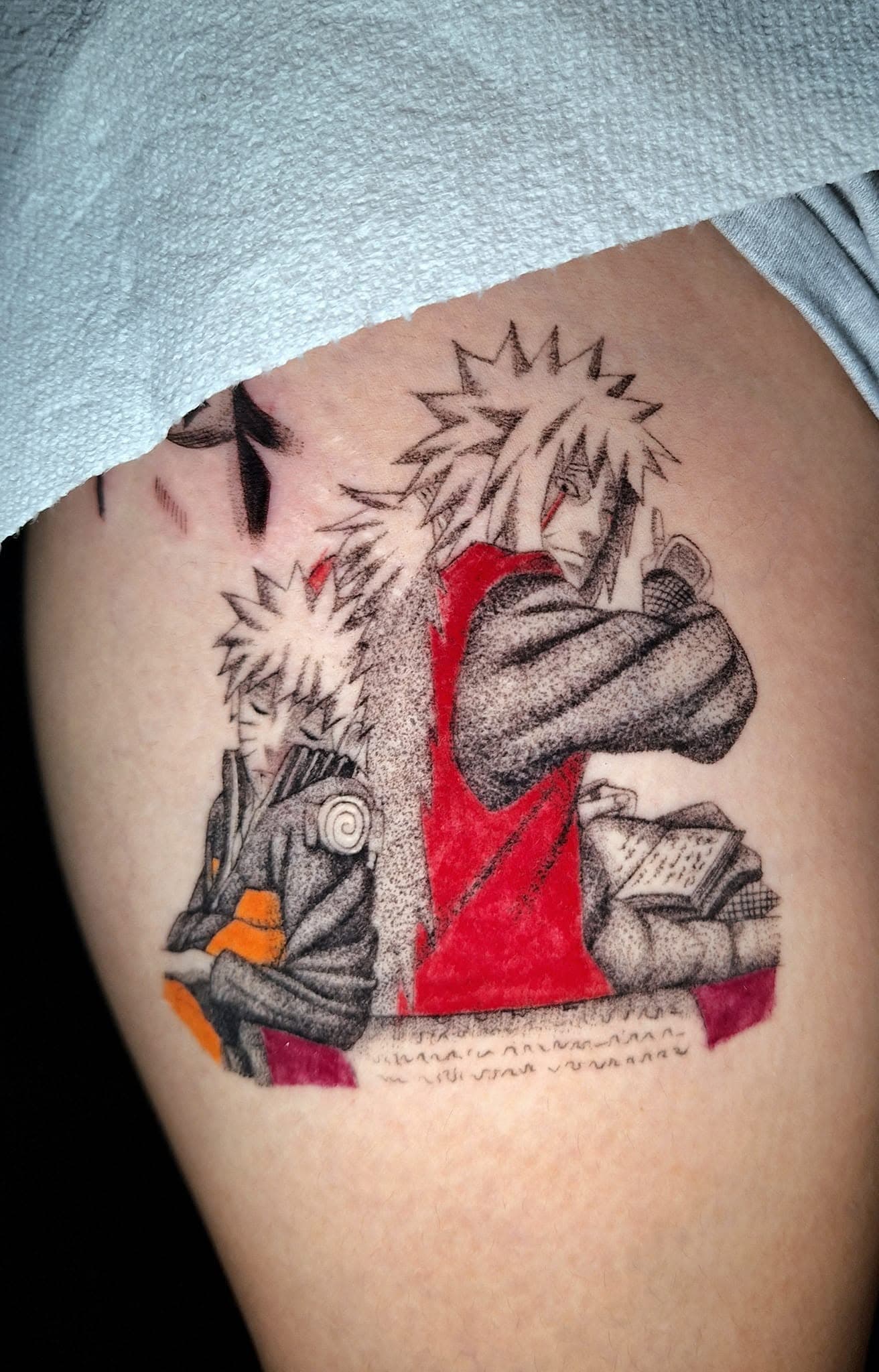 Fully healed blackwork anime tattoo