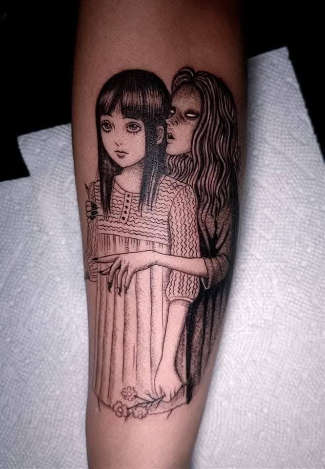 Horror manga-inspired blackwork tattoo