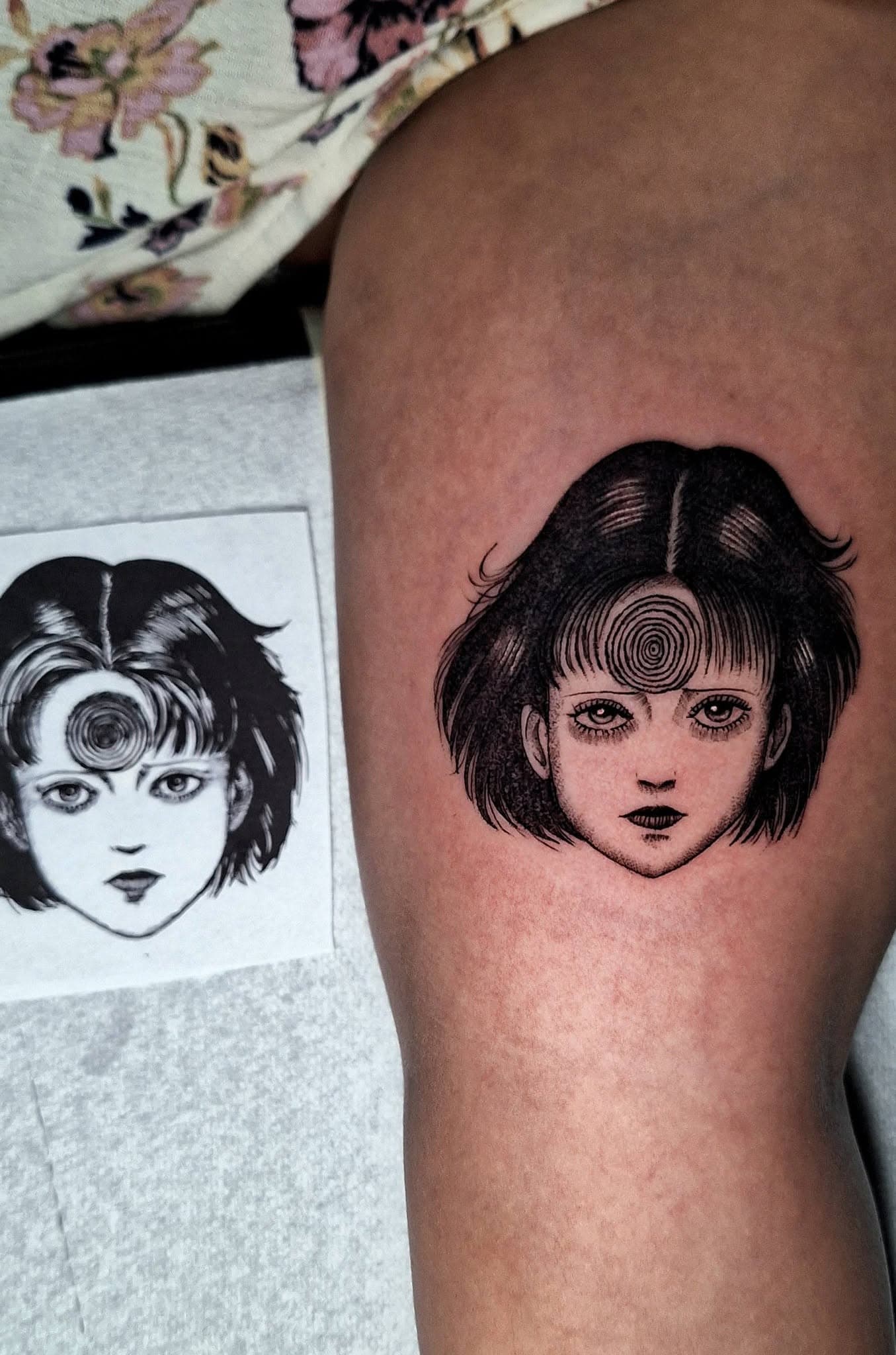 Blackwork tattoo in horror manga style