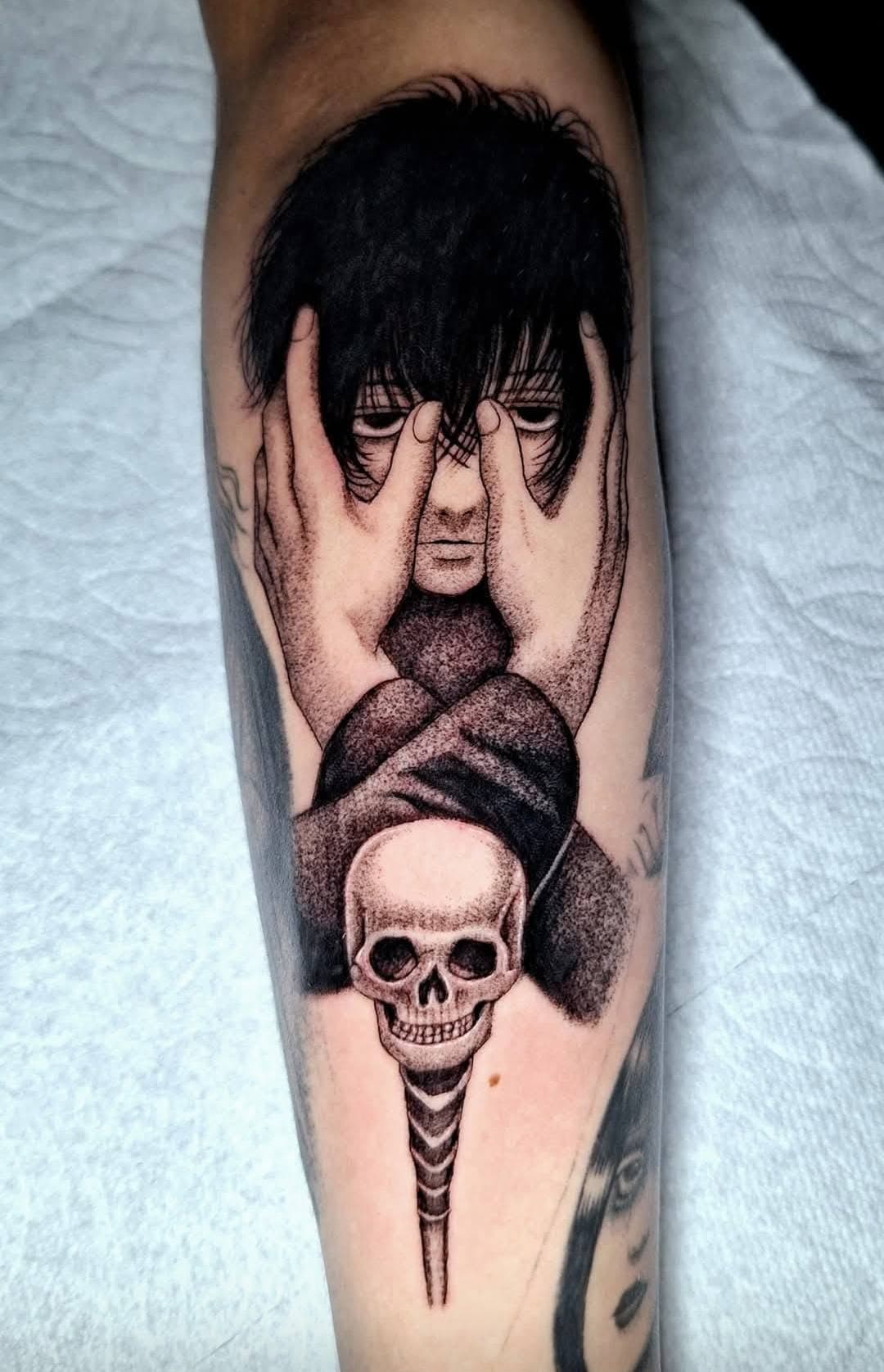 Blackwork tattoo of two powerful figures clashing in a high-impact manga composition
