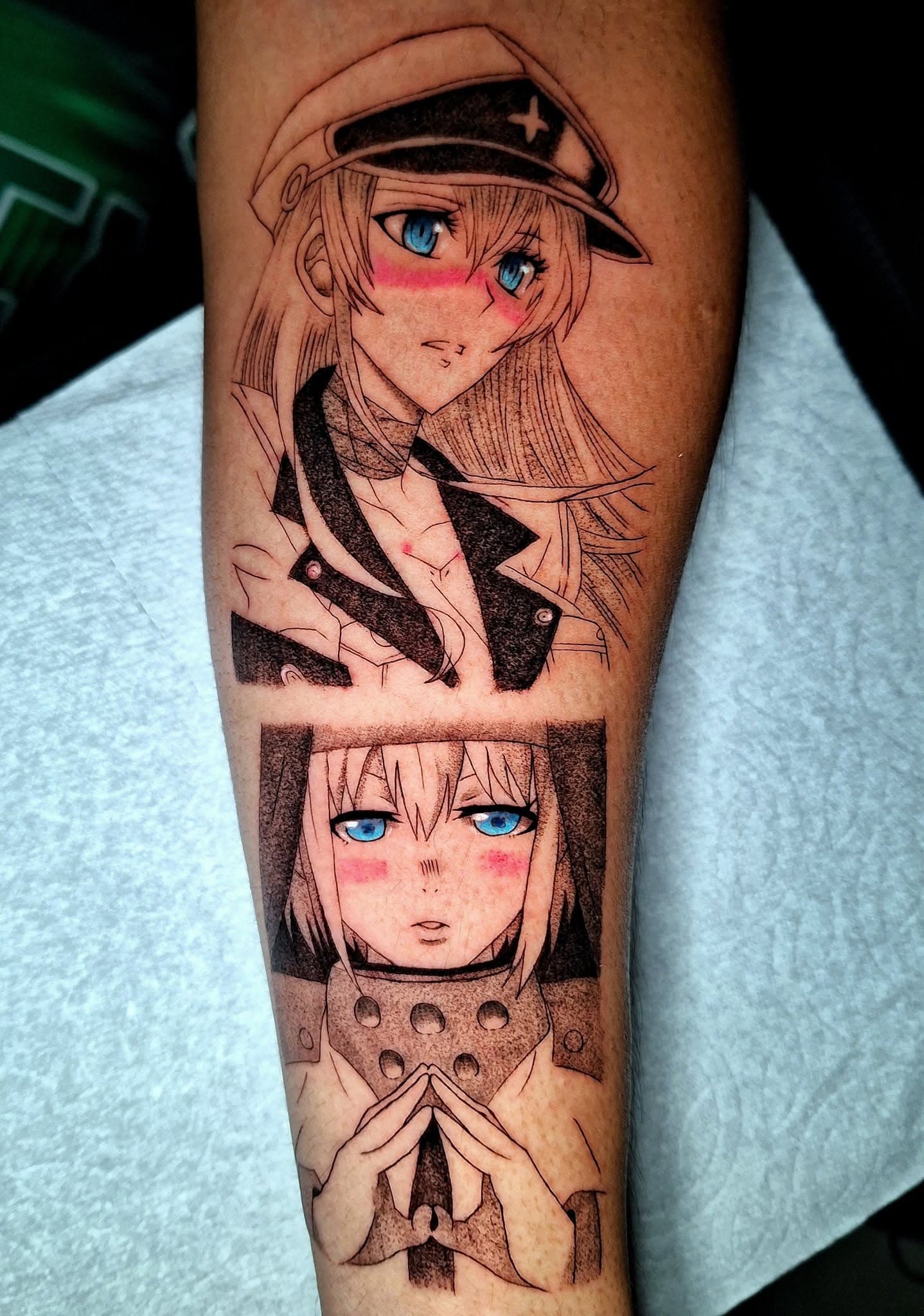 Anime-style tattoo of a female figure in flowing robes